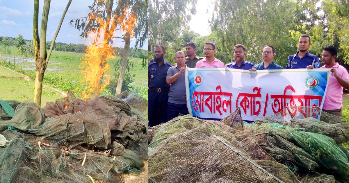 মধুপুরে  চায়না দুয়ারী জাল পুড়িয়ে ধ্বংস